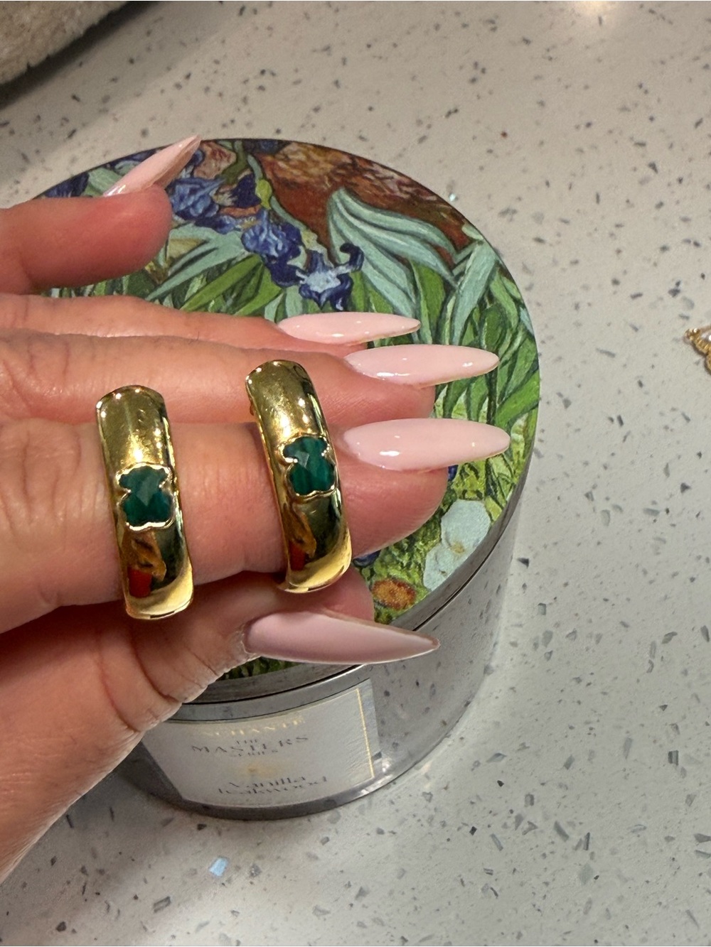 TOUS Gold Hoop Earrings with Green Clover Accent